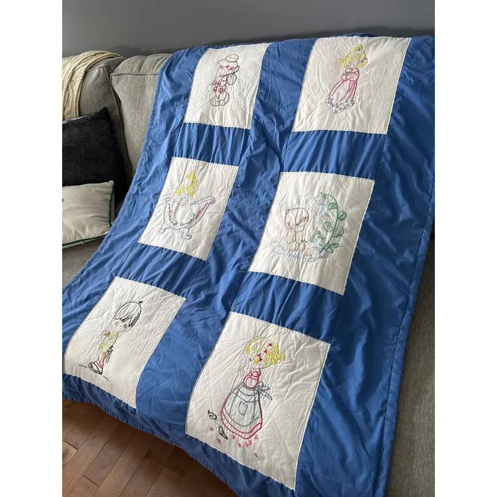 Vintage Hand Embroidered Child’s Quilt – Blue & White Precious Moments Style